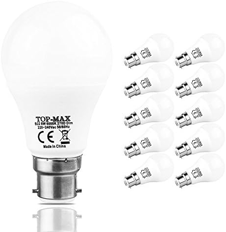 Pack of 1 8W B22 Bayonet 6000K Day Cool White Dimmable Globe Standard LED Bulb Energy Saving Lamp Light 40W Incandescent Bulbs Equivalent 750 Lumen Indoor Dining Living Bedroom Reading Room Lighting