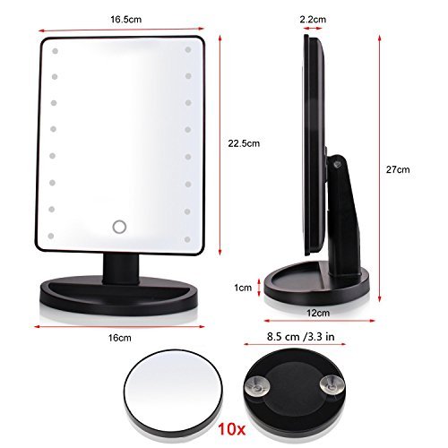Kosmetikspiegel, Cozyswan Make up Spiegel mit LED Beleuchtung Schminkspiegel Dimmbar durch Touch-Schalter 16 LEDs Ultra-High Definition Tischspiegel Standspiegel Batteriebetrieben Schwarz - 2