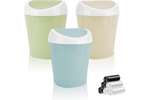 QLFJ-FURDEC 3 Stücke Mülleimer Klein mit Deckel, Mini Tischmülleimer mit Schwingdeckel und 6 Rollen Müllsäcke, Bunte Mini Mülleimer Tisch Kosmetikeimer 10*12*17cm, Tischabfalleimer für Bad, Büro (3 Stücke)