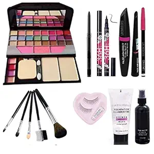 Womens & Girls Maived TYA 6155 Multicolor Makeup Kit and 1 Yanqina Eyeliner,3in1 Eyeliner,Mascara,EyebrowPencil,KajalPencil, 5 Black MakeupBrushes, 1 EyeLashes with Matte Fixer & Primer - (Pack of 14)