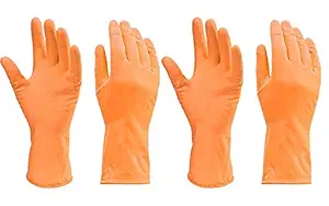 JAY ANTIQUES Cleaning Gloves Reusable Rubber Hand Gloves, Stretchable Gloves for Washing Cleaning Kitchen Garden (Orange, 2 Pair)