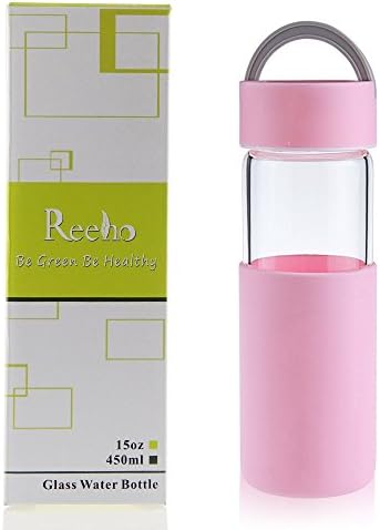 Reeho® Sports Portable Borosilicate Glass Water Bottle With Non Slip Silicone Sleeve [BPA Free] (Pink, 450ml)
