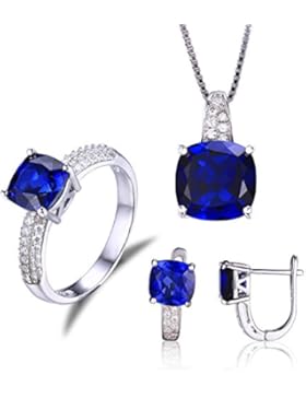 Jewelrypalace Schmuck Set Blau Luxus Prinzessinschliff Synthetisch Saphir Anhänger Halskette 45cm Box Kette Ohrring...
