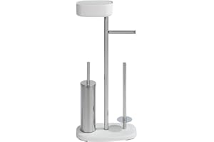 ‎WENKO WENKO Stojący zestaw do WC z pudełkiem Rivazza, zintegrowany uchwyt na papier toaletowy, uchwyt na zapasowe rolki i uchwyt na szczotkę WC z pudełkiem do przechowywania; Biały