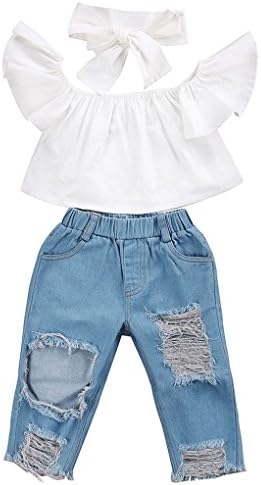 Girls' Clothes Set JYJM For 12 Months - 5 Years Old Girl Set Fashion Casual Summer Girl Set Baby Off Shoulder Tops + Hole Denim Pant Jean Headband Toddler Kids Clothes Dress (80, White)