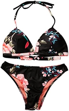 BESTOPPEN Women Sexy Black Bikini Set,Ladies Two Pieces Swimwear Push Up Padded Bra Halter Top Triangle Bottom Floral Print Bikini Bathing Suits Novelty Blue Beachwear Swimsuit for Women (XL, Black)