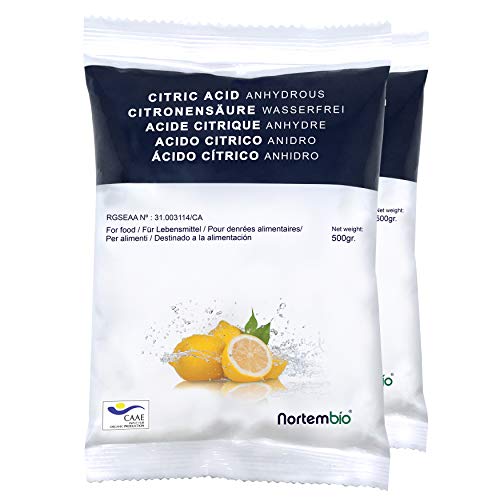 NortemBio Acide Citrique 1 Kg (2x500g). La Meilleure Qualité Alimentaire. Intrant Biologique. Poudre, 100% Pure. E-Book Inclus.