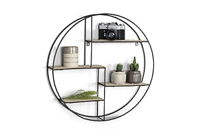 LIFA LIVING Ronda | Etagère Murale Ronde en Bois métal Noir 4 étagères | Etagère en Bois Style Vintage Nature | Etagère à épices Cuisine Autre en Bois métal | Ø55 cm x 11 x 55 cm