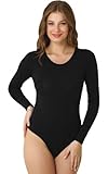 Elegance Ladies Negro elástico cuello redondo manga larga viscosa Bodies para – todos los tamaños negro negro S