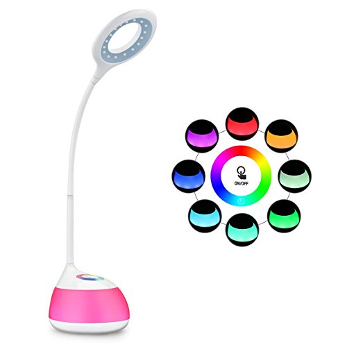 HIHIGOU LED Lampe de Bureau, 3.2W Bras Flexible Contrôle Tactile 3 Niveaux de Luminosité Réglable et 256 Couleurs Changeables base, USB Rechargeable, lampe de chevet enfant, Protégez vos yeux, blanc