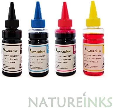 Natureinks 400ml Universal Refill (100ml x Black, 100ml x Cyan, 100ml x Magenta, 100ml x Yellow Ink dye kit Bottles for CISS or Refillable Cartridge