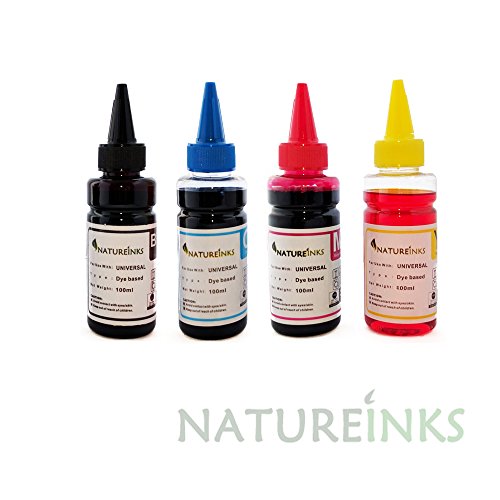 Natureinks 400ml Universal Refill (100ml x Black, 100ml x Cyan, 100ml x Magenta, 100ml x Yellow Ink dye kit Bottles for CISS or Refillable Cartridge