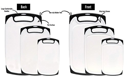 3-teilig Nonslip Schneidebrett Set Kunststoff, Spülmaschinenfest Küchenbrett Rutschfest Hygienisch, Anti-Rutsch-Schneidebretter und Deep Tropfwasser Groove Kitchen Boards Schnitzen, Saftrillen und rutschfeste Griffe - 3