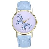 Damen Uhr,Mode PU Lederband Analog Quarz Armbanduhren mit Schmetterling Muster(Licht Blau)