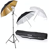 El kit incluye:(1)84cm translúcido blanco suave paraguas + (1)84cm plata reflectante paraguas + (1)84cm paraguas de oro reflectante + (1) Shoemount B-tipo de soportes + (1)210cm luz stand + bolsa de transporte negro