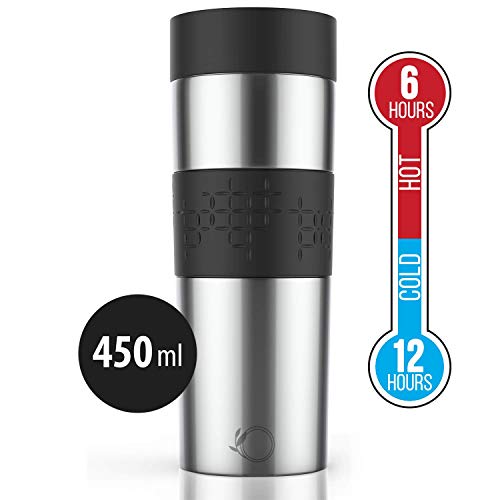 Origeens  Mug Isotherme Etanche 450mL | Thermos Café-Thé | Tasse Double Paroi Isolée sous Vide, Acier Inoxydable | Ouverture/Fermeture Facile