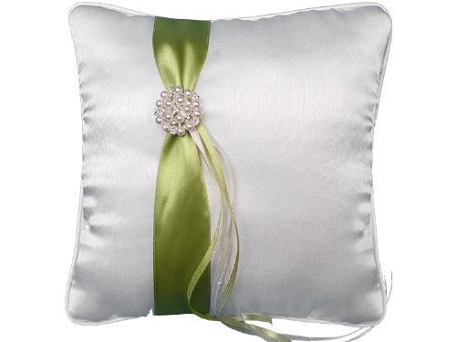 Ringkissen creme mit Band apfelgrün, Rosette perlmutt, 20x20 cm