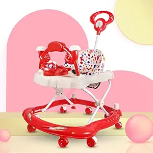 Musical 2-in-1 Walker with Parent Rod Height Adjustable Baby Walker for New Born Baby RED