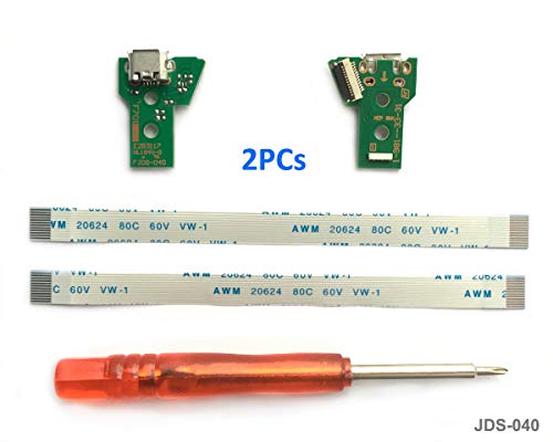2PCs Replacement Placa de conectores de carga Micro USB  JDS-040  para mando de PS4 - ElecGear USB Charging Port Dock Board Parte adaptador  Tarjeta micro del cargador de bater  a del USB  Repuesto Flex Cable con Juego de destornilladores para PlayStation DualShock Controller
