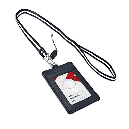 Badge Holder, Vertical Genuine Leather ID Card Holder with Neck Lanyard by Aurya Black