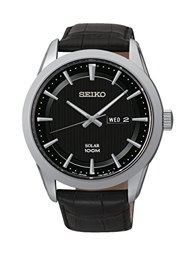 Seiko Herren-Armbanduhr XL Solar Analog Quarz Leder SNE363P2