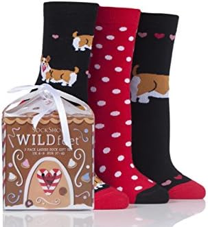 Ladies 3 Pair SockShop Wild Feet Corgi Dog Cotton Socks In Gift Box - Assorted 4-8