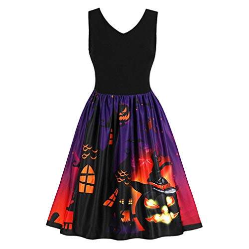 DEELIN Femmes Vintage sans Manches Col en V Halloween Party Soirée De Bal Robe De Citrouilles Imprimées Cosplay Costume Robe De Princesse
