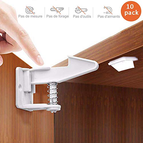 Bébé Sécurité Serrures de Cabinet Enfant,10 pcs Verrous Invisibles pour Frigo Tiroirs Placards avec 3M ruban adhésif Aucun Outil ou Forage Requis(Blanc)