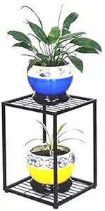 Weston Crafts 2 Tier Flower Plant Pot Stand Rack Planter Holder Indoor Outdoor Living Room Balcony Decoration Display Shelf Garden Patio Standing Floor-Stand (Color Black)