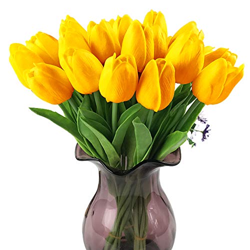 MEIWO Tulipanes Artificiales, 10 Pcs Real Toque Látex Flores Artificiales Tulipanes en Floreros para Decoración de Boda/Decoración para el Hogar/Parte/Graves Arreglo(Naranja)