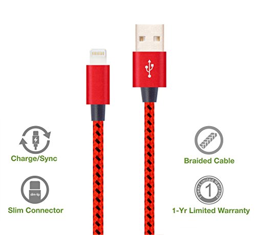 Flashstye 3 Pack 2.2M Phone Charger Nylon Braided Lightning to USB Cable Apple lightning cable for iPhone 7 Plus 6S Plus 6 Plus SE 5S 5C 5, iPad 2 3 4 Mini, iPad Pro Air, iPod.(Red Black) - 3