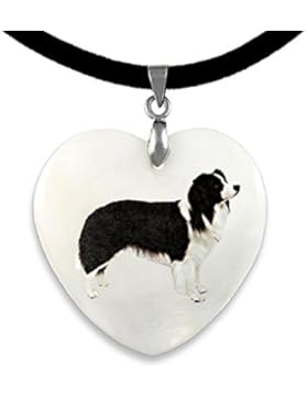 Border Collie Herz Perlmutt Anhänger mit Velvet Strap