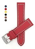 Leder Uhrenarmband 20mm für Herren, Rot, Stil racer, mit weißer Naht, Schließe Edelstahl, auch verfügbar in schwarz, braun, hellbraun, gelb