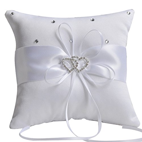 JUYUAN-EU schöne Blumen-Knospe Hochzeit Tasche Elfenbein Ringkissen Doppel-Herz Träger 20 x 20 cm