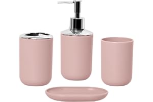 Hosoncovy 4 Pieces Bathroom Accessory Set with Soap Dispenser, Bathroom Cup, Soap Dish ，Toothbrush and Toothpaste Holder (Pink)