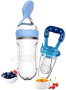 Little Warriors BPA Free Squeeze Style Bottle Feeder with Dispensing Spoon and Fruit Feeder and Pacifier - Fresh Food Feeder, Infant Teether Nibbler Toys, for Toddlers & Kid- Combo -Blue