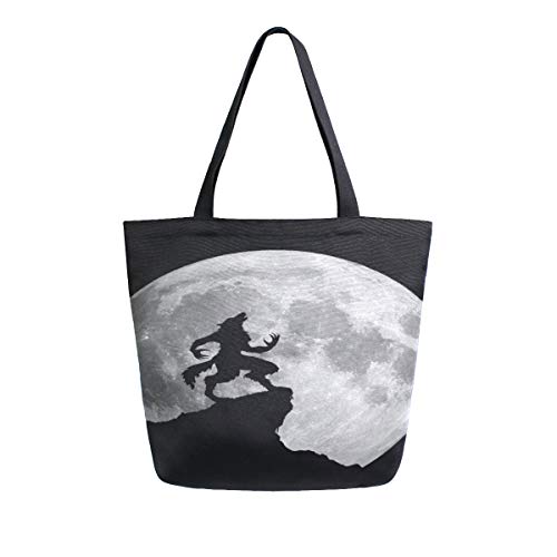 Preisvergleich Produktbild Werwolf Silhouette Moon Night Tragbare Große Doppelseitige Casual Leinwand Tragetaschen Handtasche Schulter Wiederverwendbare Einkaufstaschen Reisetasche Für Frauen Männer Lebensmittelgeschäft Reise
