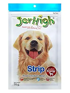 Jerhigh Chicken Dog Treats, Human Grade High Protein Chicken, Fully Digestible Healthy Snack & Training Treat, Free from by-Products & Gluten, Strip 70gm (3 X 70g)