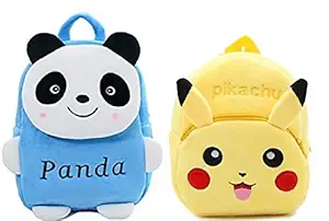Blue Tree Kids School Bag Soft Plush Backpack Combo Cartoon Bags Mini Travel Bag for for Girls Boys Toddler Baby (Blue Panda & Pikachu)