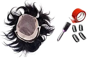 Fully Men Human Hair Front Lace Patch Hair Wig Toupee for Boys (10X7, Black) Free Hair Dryer