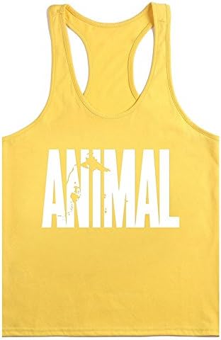 WAYLONGPLUS Mens Animal Letter Print Fitness Gym Stringer Tank Tops for Bodybuilding Muscle Workout (Yellow-WH,M)