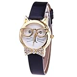 Armbanduhren Mode-Accessoires, niedliche Katze Gesicht rundes Zifferblatt Strass Kunstleder Frauen analoge Quarz-Armbanduhr - schwarz