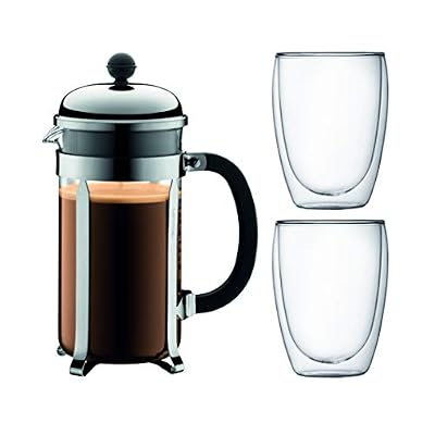 BODUM - K1928-16-1 - CHAMBORD SET - Cafetière à piston, 8 tasses - 1.0 l + 2 verres double paroi PAVINA - 0.35 l