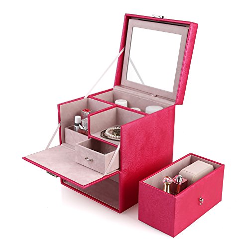 Femor Schmuckkästchen Schmuckschatuelle abschließbar mit Spiegel Schublade und Mini Box (Rosa) - 5
