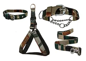 Hachiko:-Imported Best Dog Body Belt Harness+Collar+Choke Collar+Leash(Combo of 4) (Medium, Army)