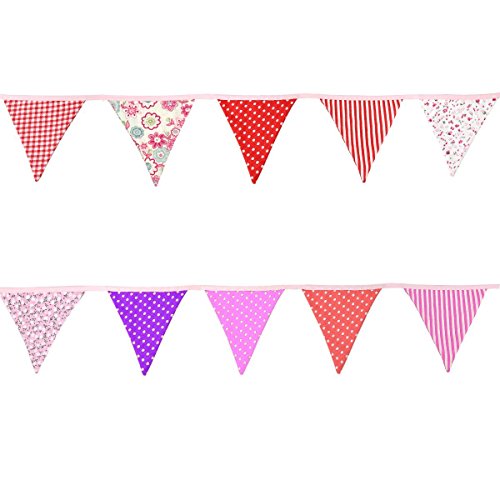Fabric Bunting, Ndier Pink Flag Banner Vintage Floral Party Decor 32 Feet Double Sided Triangle Pennant Flag Shabby Chic Decoration for Valentine's Day Wedding Birthday Ceremony