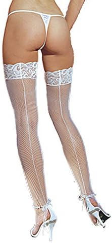 Fishnet Backseam Lace Top Hold Ups By Sentelergi ,Various Colours,Sizes S,M,L,XL (Medium, White)
