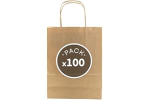 LIBERGRAFIC Bolsas de Papel con Asas I Bolsa de Papel para Compra Resistentes I Bolsas para cumpleaños, Regalos, Fiestas, Bolsas para Tiendas (100, Kraft, 24x32x12cm)