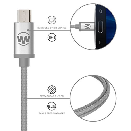 Wanshine 3.3ft Nylon Braided Tangle-Free Micro USB Cable for Android, Samsung, HTC, Nokia, Sony and More(Silver) - 3