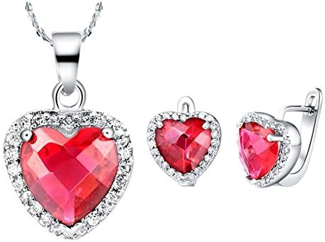 Layla Jewellery 18k White Gold Plated Alloy Swarovski Elements Crystal Jewelry Set include Pendant Necklace and Stud Earrings for Ladies Red(Heart inside)